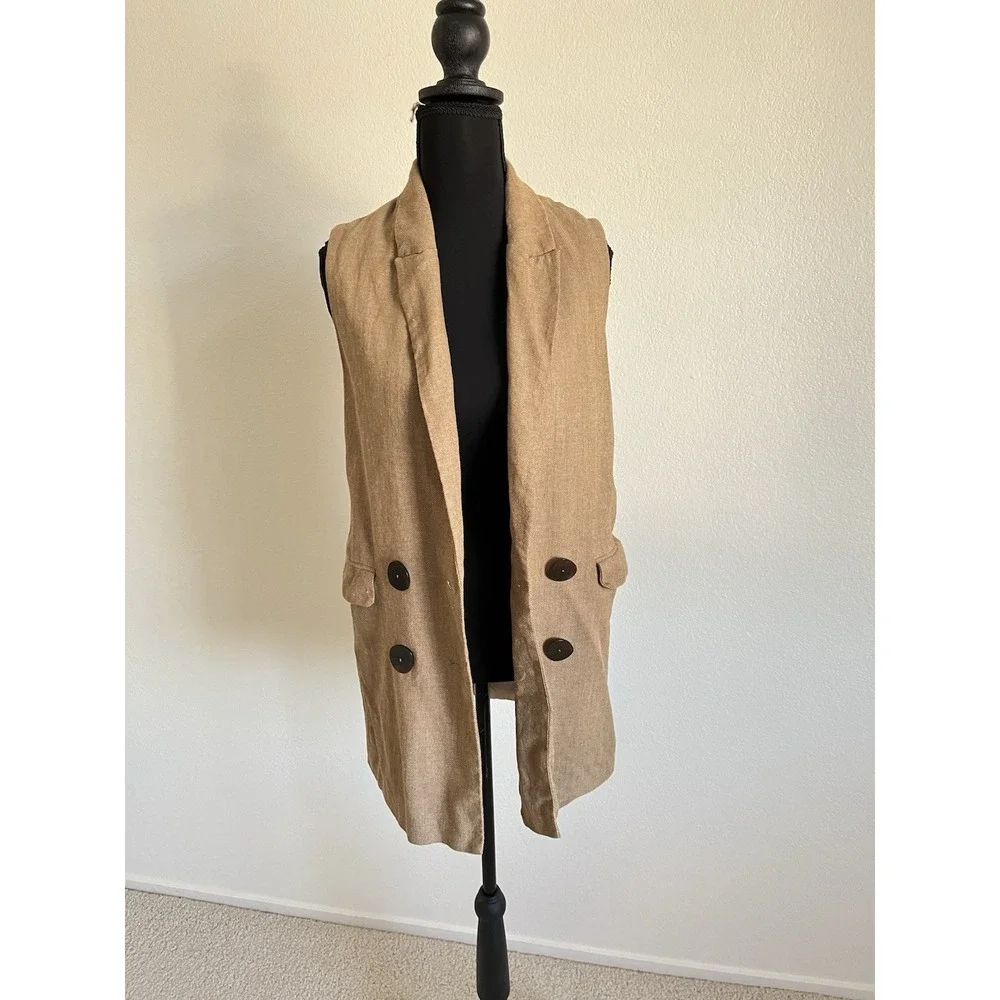Mango MNG Casual Tan Linen Blend Herringbone Longline Vest Sleeveless Blazer XXS